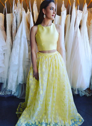 Yellow two pieces lace long prom dress, yellow evening dress HZ1023